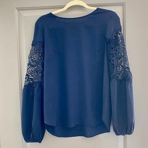 Ann Taylor Navy Lace Inset Long Sleeve Blouse sz S